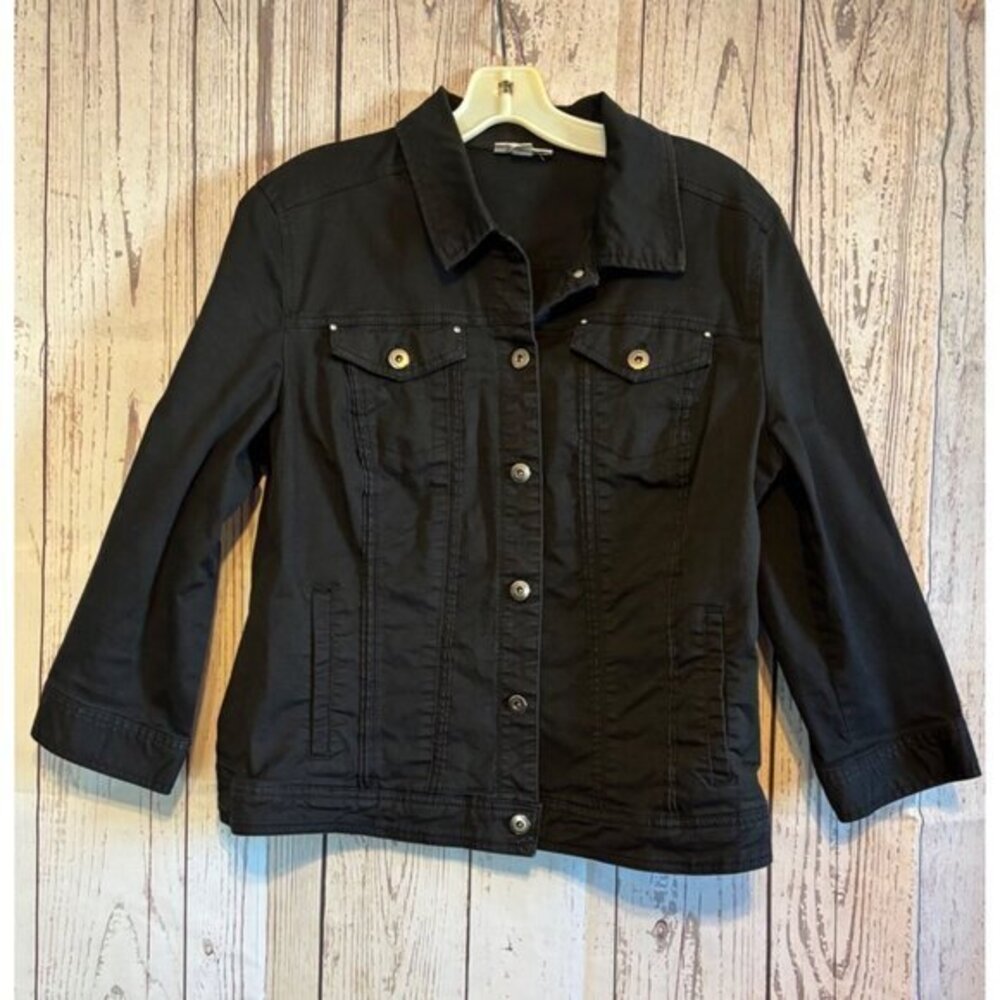 CB Black Chic Denim Jacket Silver Buttons 3/4 Sleeve Size Large